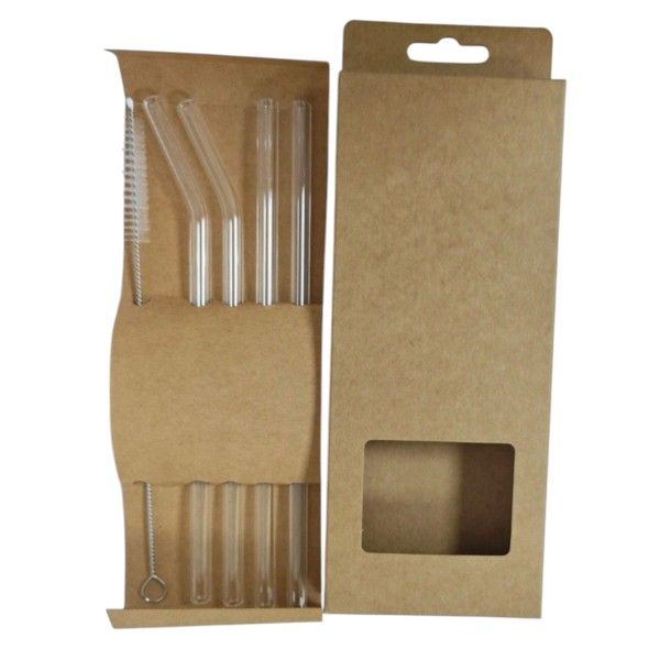 4 Piece Reusable Transparent Glass Straw Set With Cleaning Brush