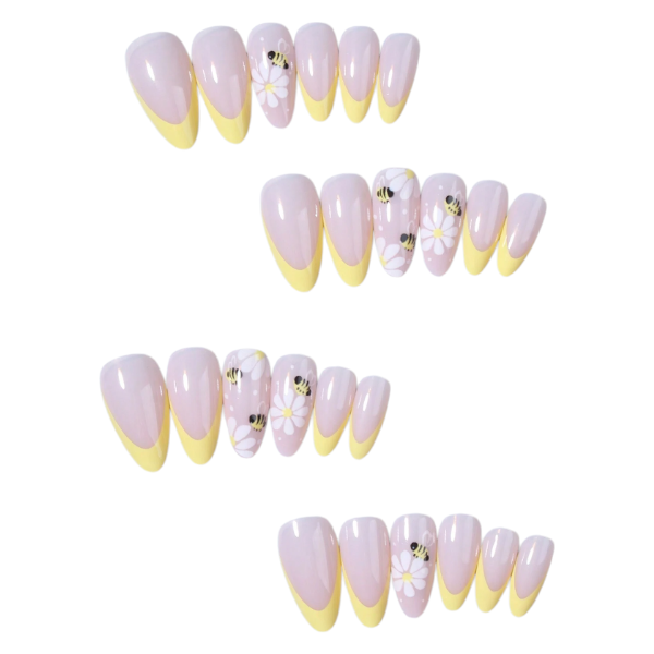 24Pcs Almond Press-On Nails With Cute Bee And Flower Design - Yellow/White