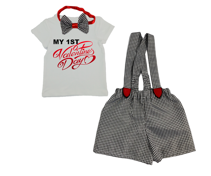 My First Valentines-Black Check Boy Shorts, Shirt, Suspenders &amp; Bowtie