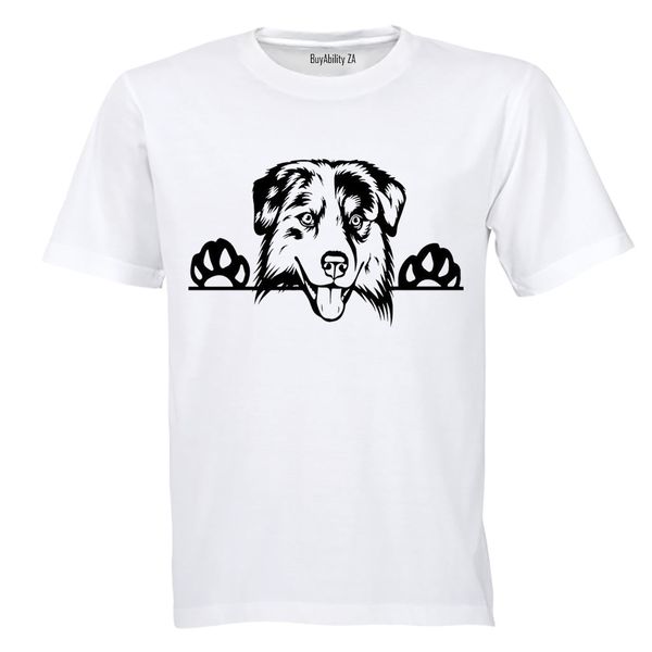 Australian Shepherd Peeking Dog - Mens - T-Shirt - White