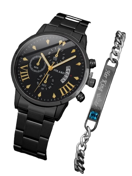 Men Triple Dial Round Pointer Date Quartz Watch &amp; Piece Bracelet Set