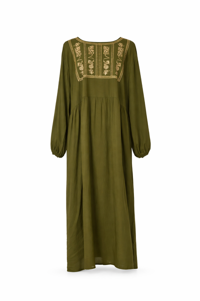 Olive Viscose Cotton Full-Length Embroidered Modest Dress