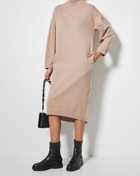Women's Velvet Brushed Fleece Long Line Sweat Shirt Dress - Beige