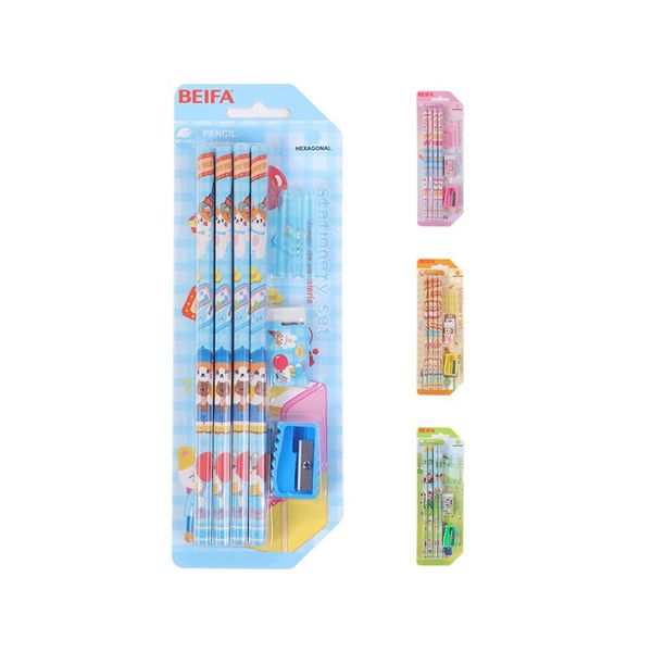 Stationery Set-8 Pencils,Pencil Sleeves,Eraser,Sharpener-36 x Sets