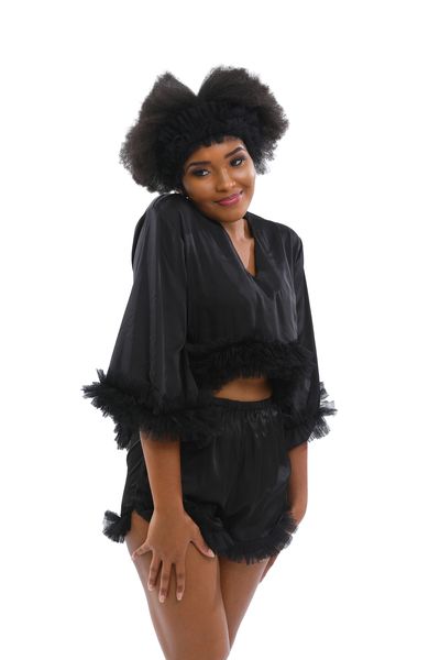 Selphies Luxurious Armani Satin 3 Piece Set Loungewear Pajama Set - Black