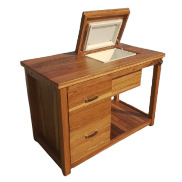 Rhodesian Teak Wood Braai Trolley with fitted Cooler box and cutting board