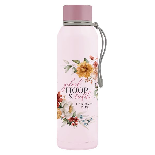 Stainless Steel Water Bottle - Geloof Hoop en Liefde, Pink