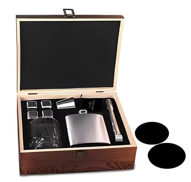 Six Ounce Whiskey Glass Set with Steel Flask, Ice Stones, Wooden Box Gift
