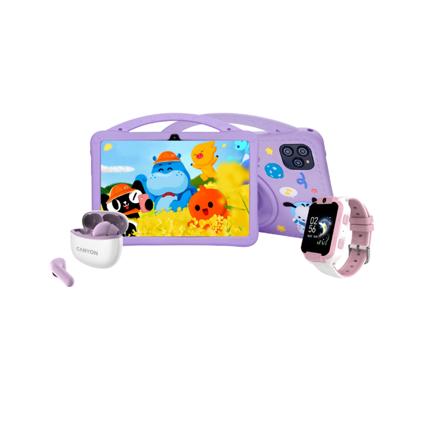 VGKE 10.1" 4G Purple Kids Tablet Kid Smartwatch and True Wireless Earphones