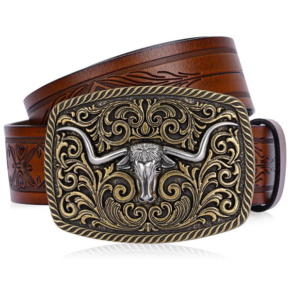 Western Double Embossed Leather Belts with Golden Cowboy Longhorn Bull