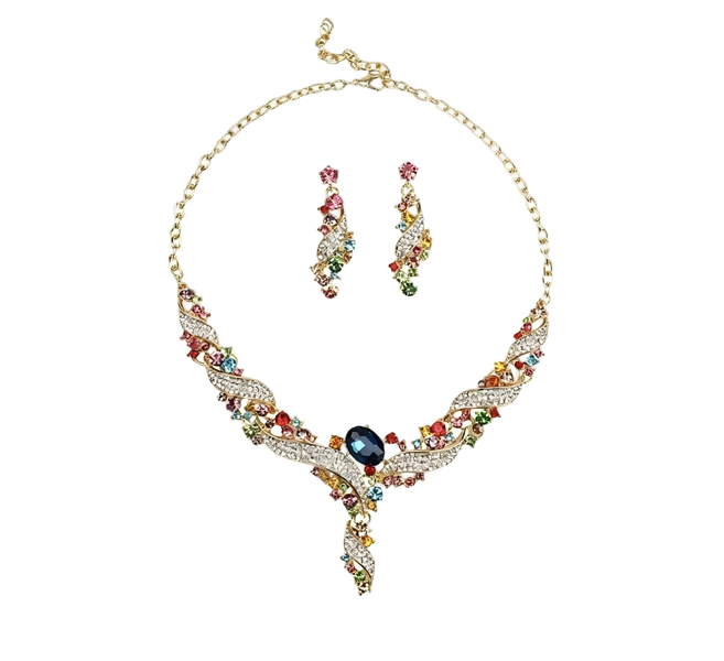 ZELTRYN Rainbow Multicolor Rhinestone Necklace Earrings Jewelry Set