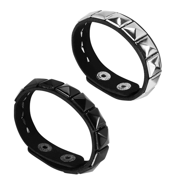White + Black Rivet Punk Leather Bracelet 2 Piece