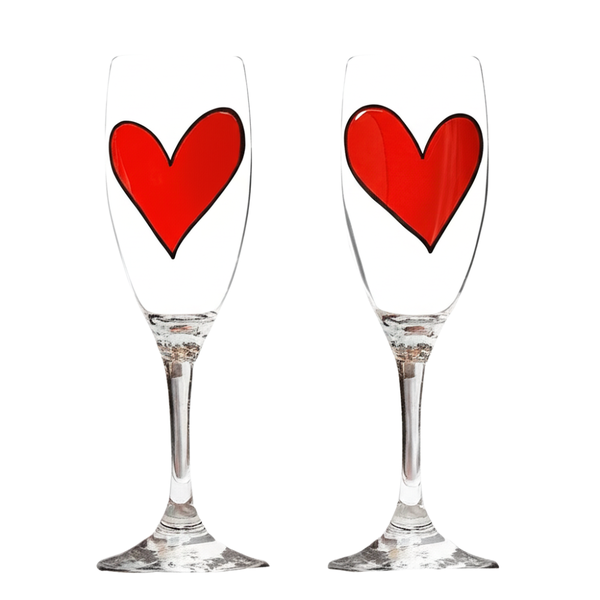 Set of 2 Champagne Glasses with Heart Print