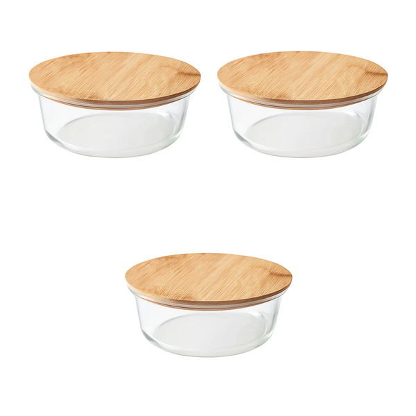3 Pack Glass Bowl With Bamboo Lid 370ml - Transparent