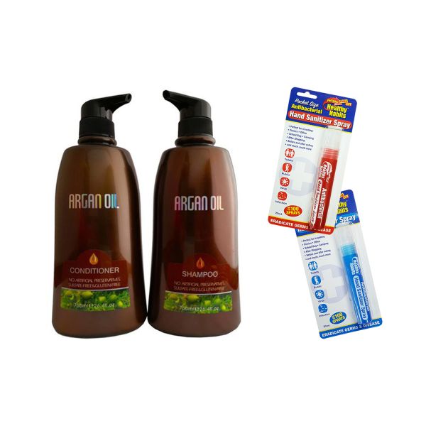 Moroccan Argan Oil TWIN Pack 750ml + Hand Sanitizer Spray 20ml 2 Pack