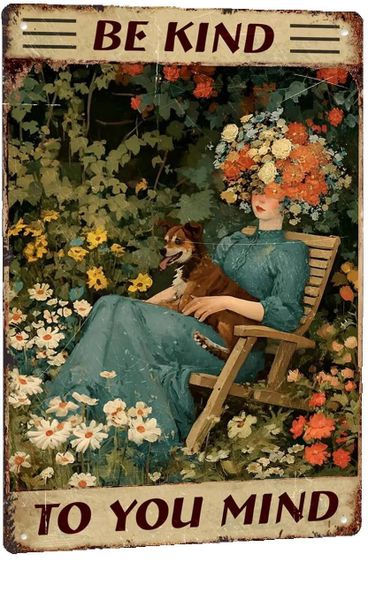 Vintage Tin Sign - "Be Kind To Your Mind" Flower Wall Decor for Women