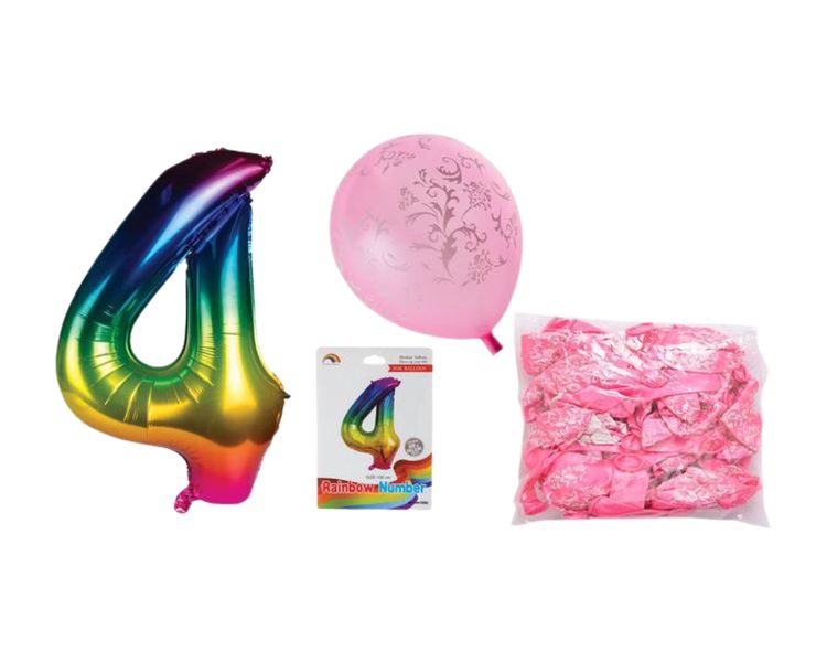 Birthday Age 4 Balloon Rainbow + Pink ballons