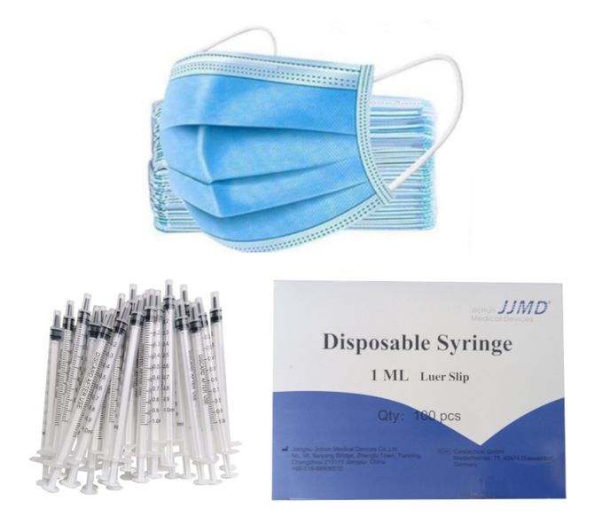 300x 1ml Leur Slip Tip Disposable Syringe &amp; 500x Blue Disposable Cover Mask