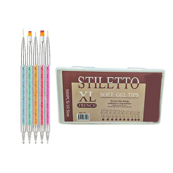 Stiletto XL Soft Gel French Tips - 500 Piece &amp; 5 in 1 Glitter Acrylic Brushes