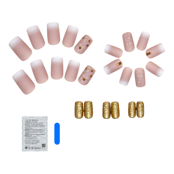 24 Pieces Matte &amp; Glitter Press-On Nail Set with 3D Floral Accents - Pink
