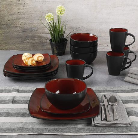 Better Homes & Gardens Rave Square Dinnerware, Red, Set Of 16 