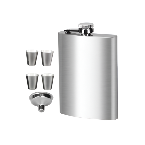 Stainless Steel Travel Flask Set with Funnel and 4 Shot Glasses