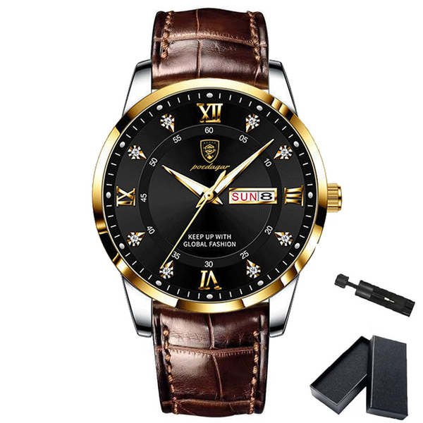 Poedagar Men, Boys Black-Gold Leather Button Leisure, Formal, Analogue