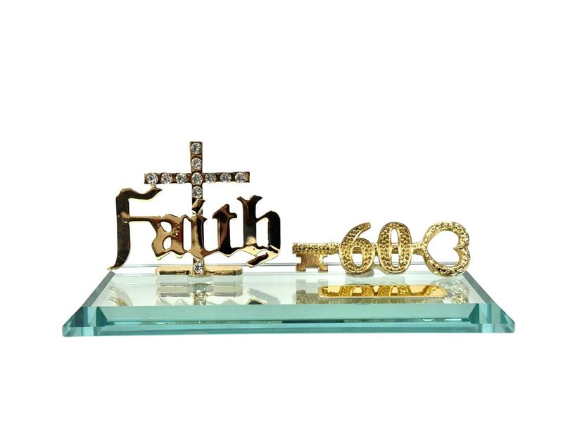 60th Key with Diamante Faith on Glass Mirror base
