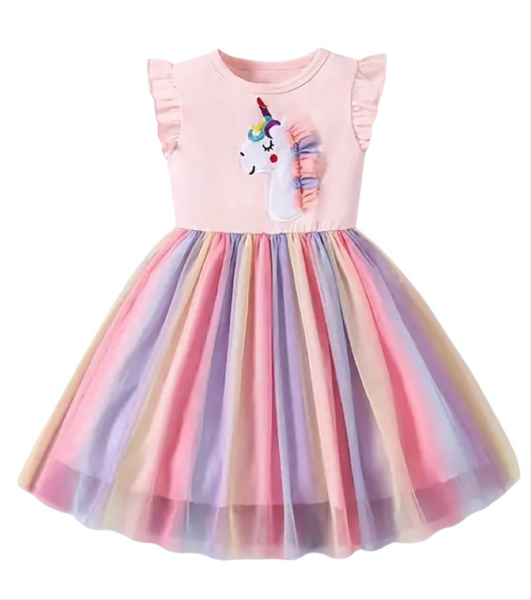 Rainbow Unicorn Girls' Dress with Mesh Detail Mane
