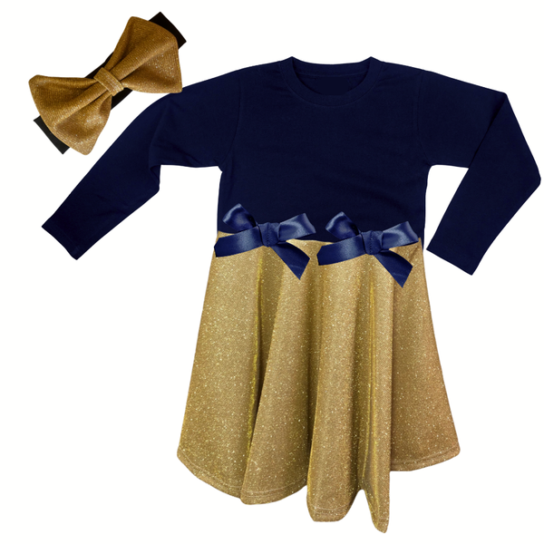 Princess Glitter Long Sleeve Dress &amp; Headband-Navy &amp; Royal Blue