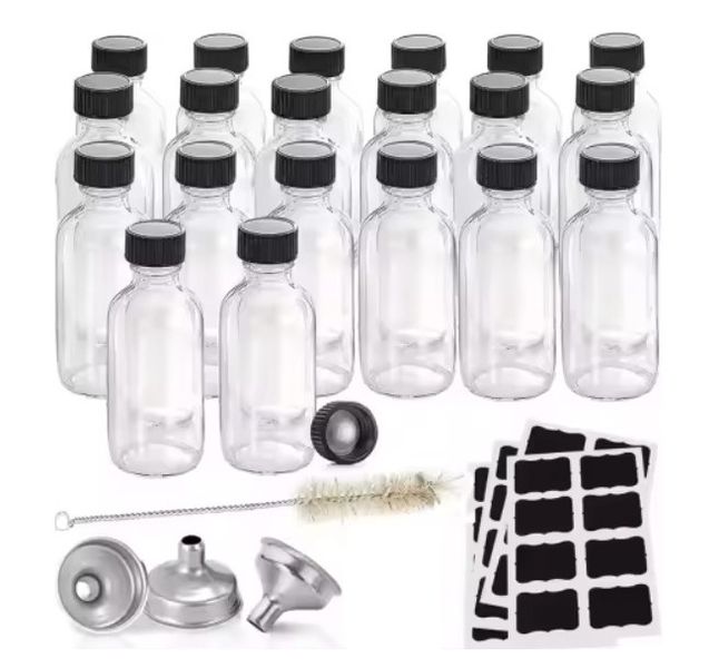 12 Pack- Small Clear Glass Bottles - 60ml with Funnels, Labels, Small Brush