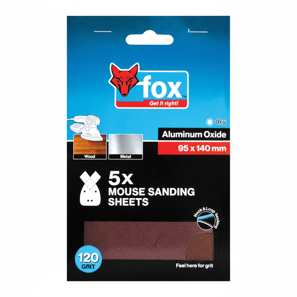 Fox Mouse Sanding Sheets P120 - 95 x 140 mm, 5 Piece for Wood &amp; Metal