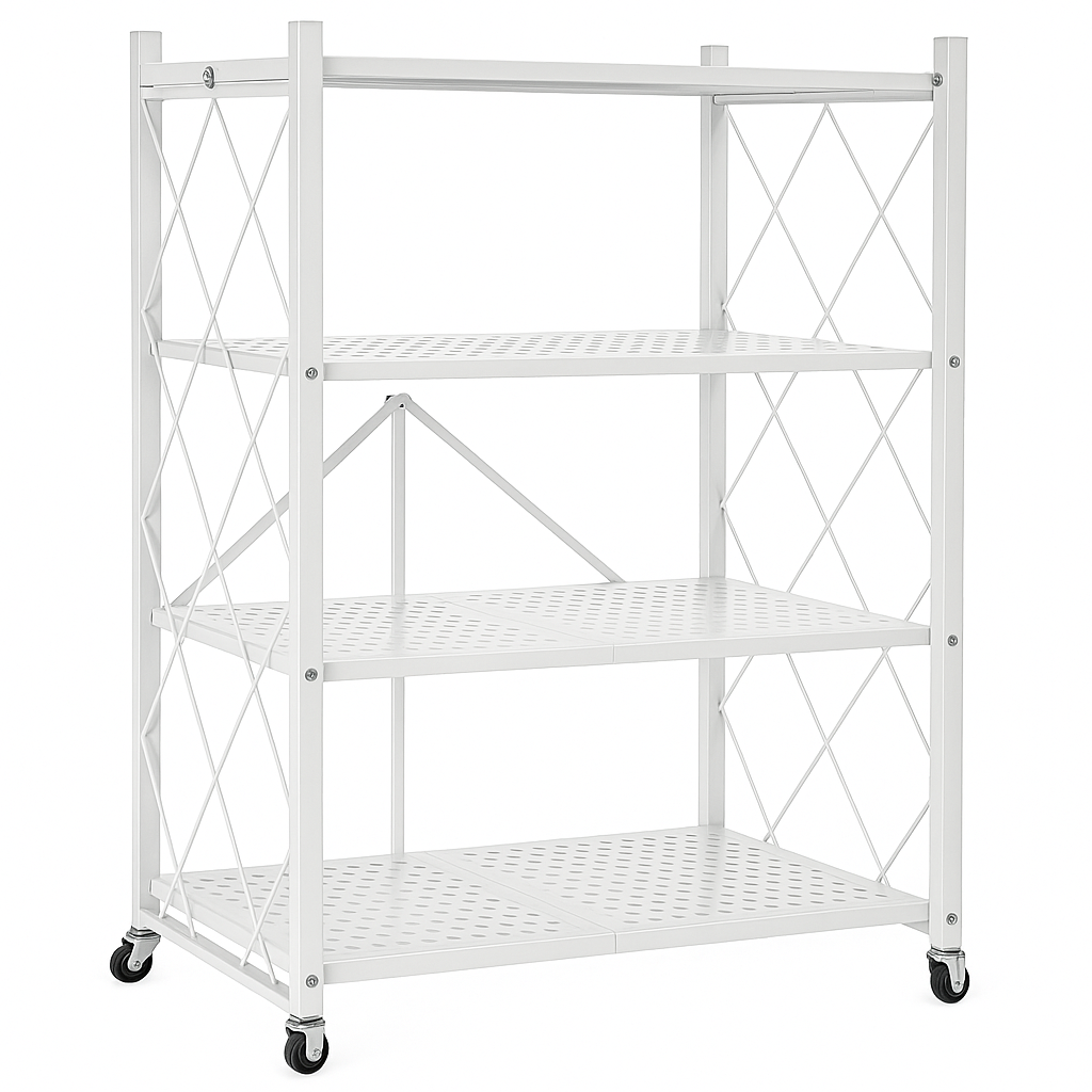 4-Tier Folding Trolley Shelf - Lockable Wheels & Storage Rack