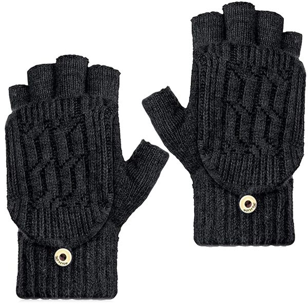Winter Fingerless Gloves Mittens, Knitted Convertible Flip Top Mittens