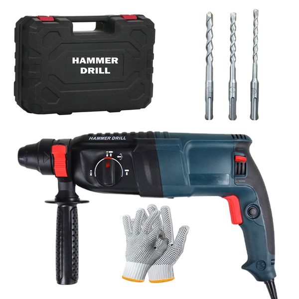 Heavy Duty Hammer Drill With 3 Drill Bits, Gloves &amp; Carry Case