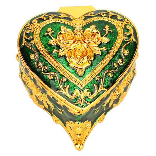 Heart-Shaped Jewelry Box for Girls - Velvet Lining Stores Earrings, Necklace &amp; Bracelet (Gold &amp; Green)