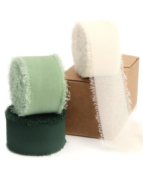 Green Handmade Fringe Chiffon Ribbon Set of 3 for Wrapping Wedding -5m