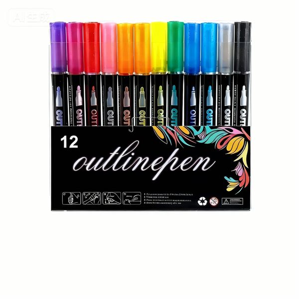 12-Color Dreamy Glitter Metallic Markers,Highlighters, Outline Pens