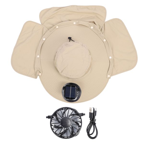 Khaki Solar Fan Fishing Hat with Neck Flap