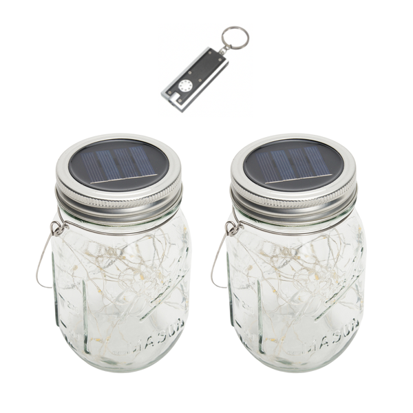 Solar Powered Fairy Light Mason Jar Lamps with LED Keyring Torch - 2 Pack