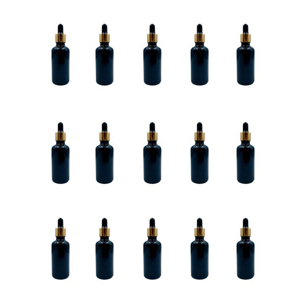 15 Pack - 50ml Black Glass Bottles with Black Dropper &amp; Gold Collar