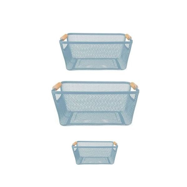 Metal Mesh Storage Baskets with Wooden Handles - Set of 3 - White