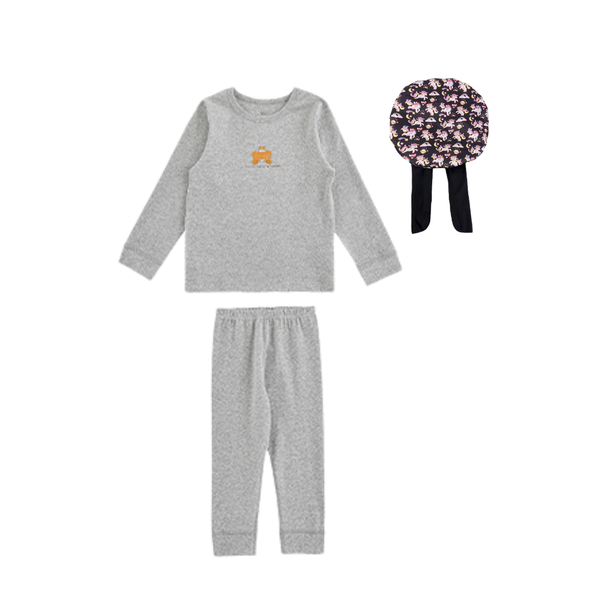 Girls' Grey Soft-Cotton Pajama Set with Matching Unicorn Sleep Cap