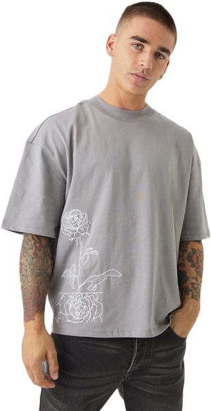 boohooMAN - Men's Oversized Boxy Rose Line Drawing T-shirt - Grey