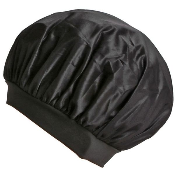 Wide Band Sleep Bonnet Cap in Breathable Black Satin Fabric - Black