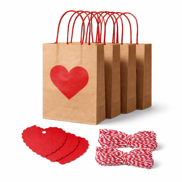30-Piece Valentine's Day Gift Bag Set - Kraft Paper Bags with Heart Tags