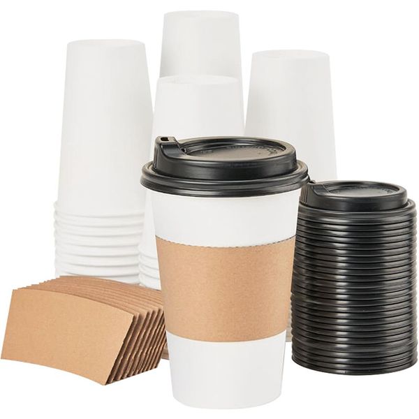 100pack Disposable Paper Cup Coffee Cups with Lids &amp; Sleeves Takeaway cups