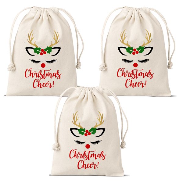 Christmas cheer reindeer drawstring bags - set of 3