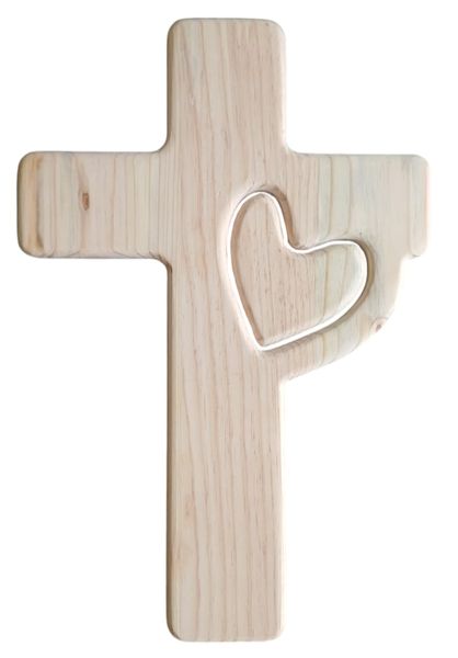 Christian Cross with Heart Shape Insert - Pine