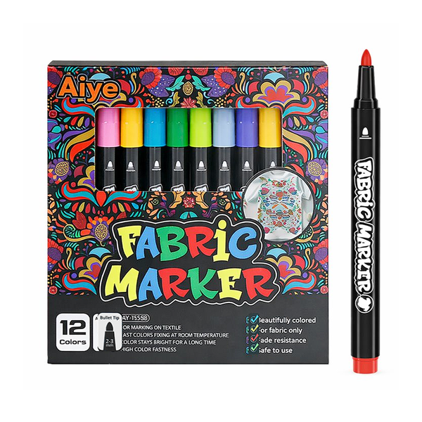 12 Colour Fabric Marker Set - Permanent Textile Pens 1-3mm Bullet Tip
